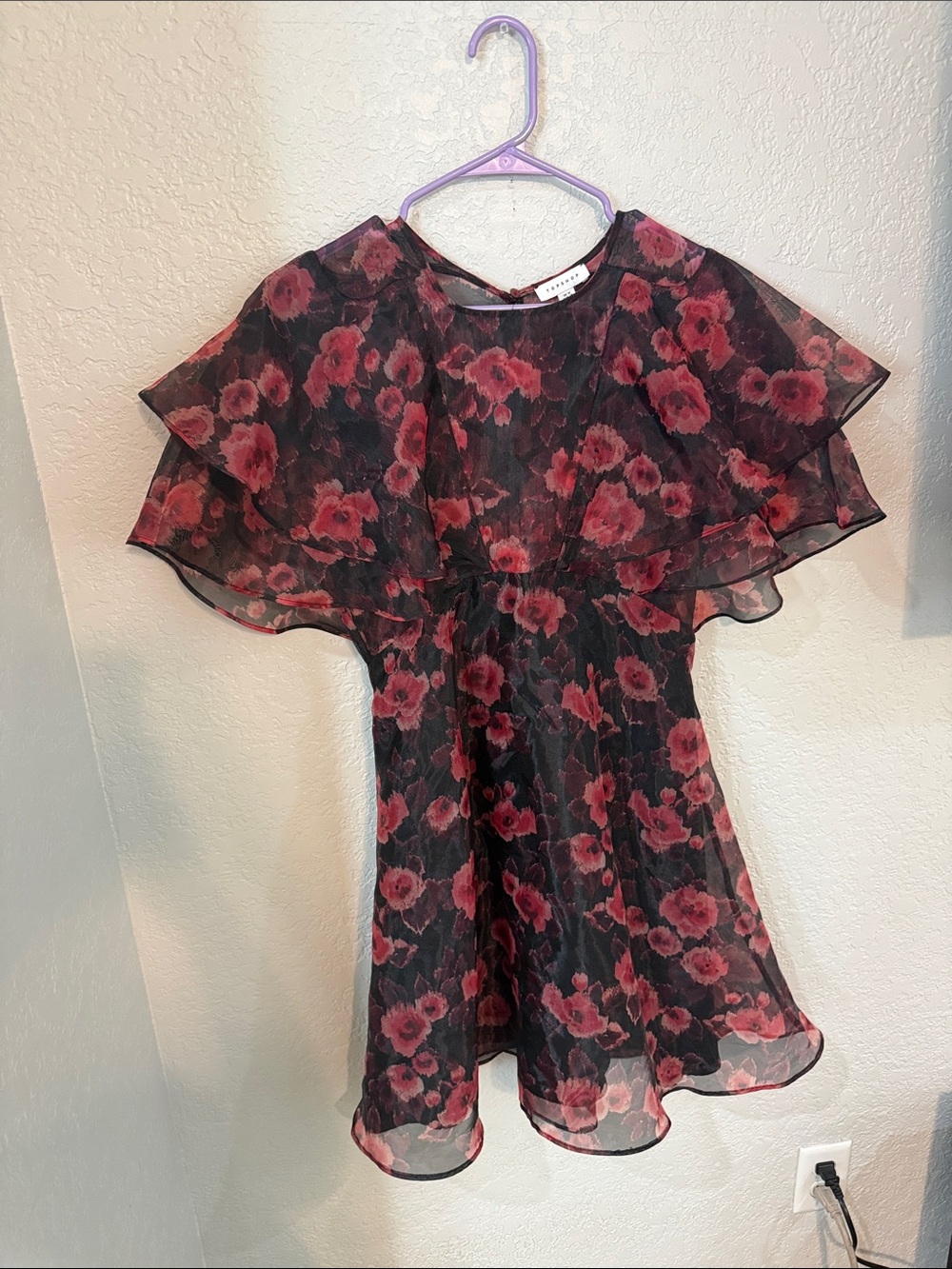 Topshop Black Chiffon Dress with Pink Floral Print